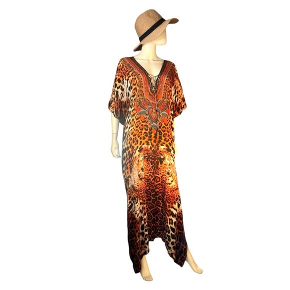Shahida Parides silk rayon leopard print maxi dress kaftan muumuu beaded one sz - Picture 1 of 14